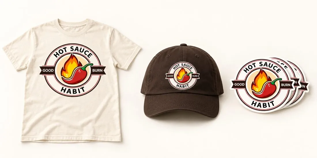 Hot Sauce Habit merchandise concepts: a logo tee, brown cap and stickers
